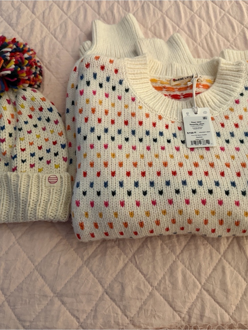 NWT Marine Layer Cream Women’s Sweater & Pom Hat with Multi-Color Heart Dots